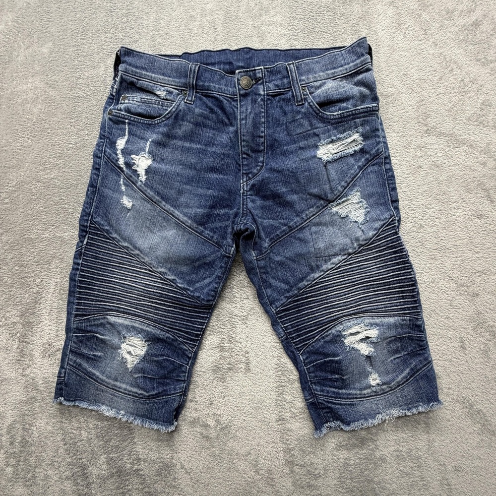 True Religion Shorts Mens Measured 33x14 Blue Denim‎ Biker Distressed Stretch